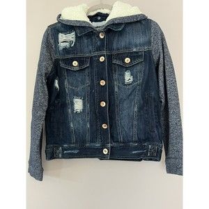 Kensie Distressed Denim Jean Sweater Sleeves Removable Hood Jacket S Small